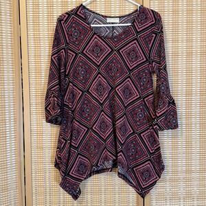 Bobbie Brooks Womens M Top Red Pink Black Diamond Pattern Bell Sleeves Artsy